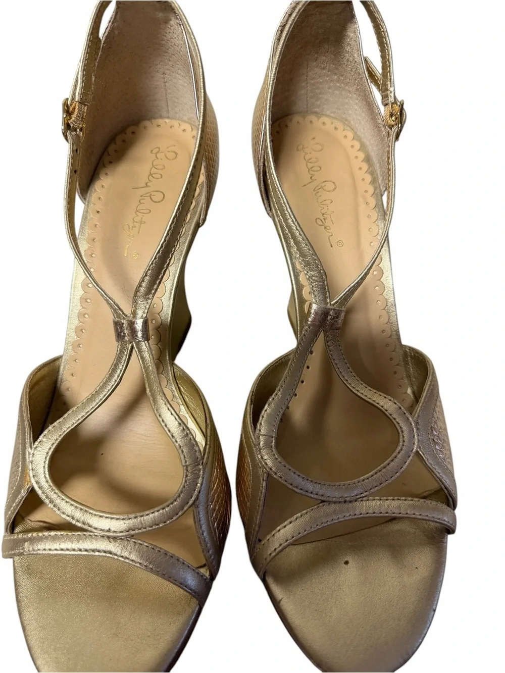 Lilly Pulitzer Metallic Gold T-Strap Wedge Sandals sz 9.5